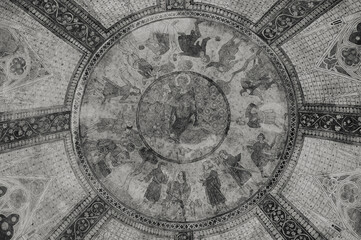 Wall Mural - Cahors Cathedral dome ceiling decorated with 14th-century frescoes, depicting the stoning of St. Stephen (first martyr).  UNESCO site. Cahors, France. Black white historic photo