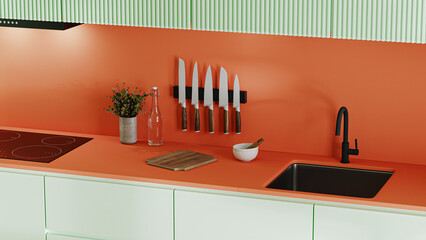 Wall Mural - kitchen countertop in bright orange and green colours with knives, stove and sink, decoration and ki