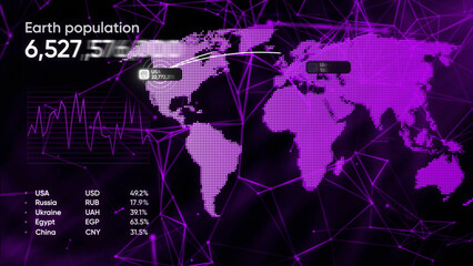 Poster - Yellow and purple background. Motion.A graph of the planet's population that is growing at a fast rate and shows the number of people in all regions in animation.