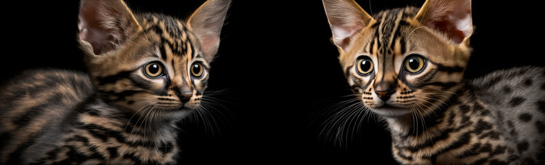  Bengal exotic baby kittens brown spotted domesticated leopard like image of two pet house cats. The kittens have expressive large healthy eyes. Image was created with digital art.