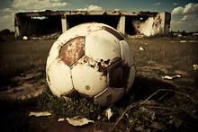 An Abandoned Stadium Where A Worn-out Soccer Ball Lies Motionless On An Overgrown Grassy Field. The Peeling Paint And Deserted Surroundings Add To The Melancholic Atmosphere. Generative Ai