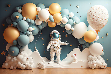 Sticker - decoração de festa infantil com planetas sistema solar,  fundo fotografico astronauta fofo 