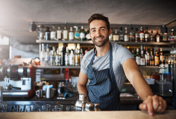 Aufkleber - Drinks on me. Portrait of a confident young man working behind a bar counter.