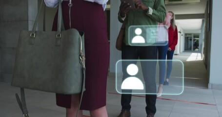 Poster - Animation of icons and data processing over diverse business people standing in line in face masks