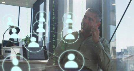 Sticker - Animation of icons, connections and data processing over caucasian businessman in office