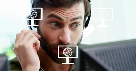 Poster - Animation of icons and data over caucasian businessman with phone headset in office
