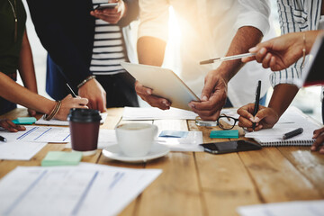 Poster - Creativity, brainstorming, planning, teamwork, execution then success. Shot of a group of unrecognizable people working together in a modern office.