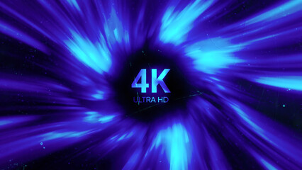 Poster - Abstract colorful hyperspace tunnel through space time vortex. Motion. Sci Fi interstellar space travel through wormhole with 4K ultra hd inscription.