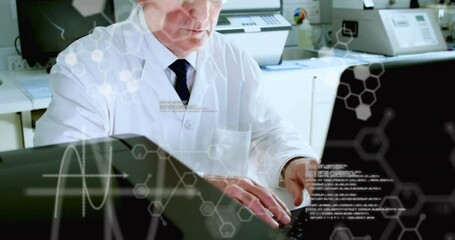 Wall Mural - Animation of computer language, hexagon and symbols over caucasian scientist working on computer