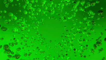 Poster - Abstract flying green spheres over the black background. Motion. Spreading 3D round shapes.