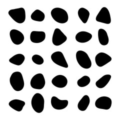 Fototapete - Pebble, cobble stones vector collection. Black ink blot rounded shapes set. Liquid irregular random drop elements for interior designs, gaming, web cards. Round and oval doodle paving icons