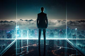 Wall Mural - A businessman stands confidently on a transparent glass floor overlooking a panoramic view of a smart city at night. The cityscape is alive with the glow of smart technology. generative ai