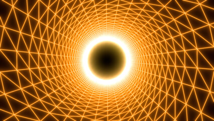 Poster - Flying inside neon striped circular tunnel with a dark pulsating sphere in the end. Motion. Endless digital journey.