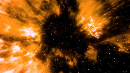Poster - Flight through universe with galaxies and nebulae. Motion. Golden space glow on a starry sky background.