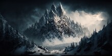 Jagged Peaks Rise Up From The Valley Below Covered In Snow In Some Places And Dotted With Forests, Concept Of Majestic Scenery And Rugged Terrain, Created With Generative AI Technology