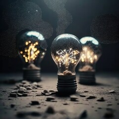 Poster - idea concept, Idea, innovation and inspiration, creativity with light bulbs that shine glitter on table, new ideas with innovative technology and creativity, generative ai
