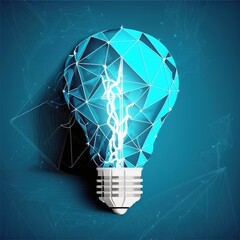 Poster - Light bulb from lines and triangles, point connecting network on blue background. Lamp bulb on technology background, generative ai
