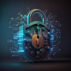 Poster - data security and protection using a digital glowing padlock on a computer screen in an abstract hall against a dark background, generative ai