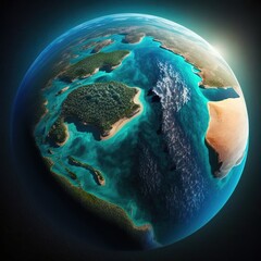 Wall Mural - curvature of planet earth. aerial view of blue planet from space. sunrise over globe land and ocean,