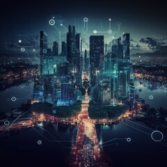 Poster - concept of smart city and abstract line and dot connect with gradient line design, big data connection technology, generative ai