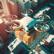 Delivery using drones over city building, generative ai
