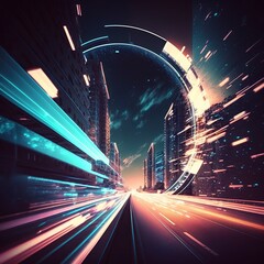 Sticker - warp speed in hyper loop with blur light from buildings' lights in mega city at night. Concept of next generation technology, generative ai