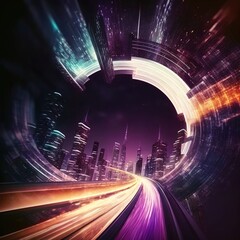 Poster - warp speed in hyper loop with blur light from buildings' lights in mega city at night. Concept of next generation technology, generative ai