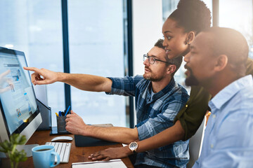 Poster - We could add another drop-down bar.... Cropped shot of three businesspeople working around a computer in the office.