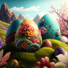 Fancy Decorative Easter Eggs In The Grass, Generative Ai