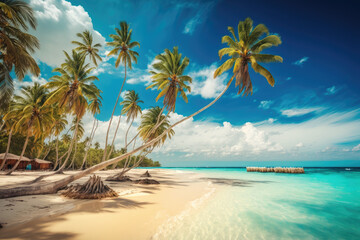 Wall Mural - paradisiacal beach in the caribbean with palm trees sun and a turquoise sea. Generative AI