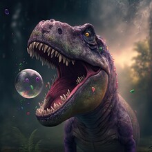 Purple Tyrannosaurus Rex Dinosaur And A Bubble. Generative AI.