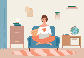 Poster - girl studying at home. woman sits with laptop in lotus position on armchair. distance education and 