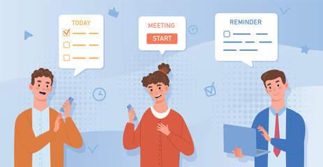 Poster - People planning concept. Men and woman with gadgets make list of goals. Scheduling and time management. Reminder and to do list, tasks. Workflow organization. Cartoon flat vector illustration