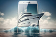 © Vladimir Razgulyaev - Convenience of online bookings for sea cruises and travel. The photograph features a marine cruise ship sailing out of a mobile phone, representing  seamless experience of booking a cruise online Ai