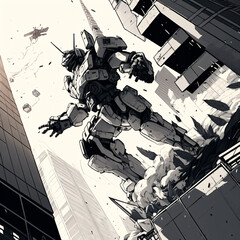 a giant black and white mecha fighting in the city manga style illustration Generative Ai