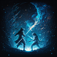 two wizards fighting with magic weapons and casting spells fantasy illustration Generative Ai