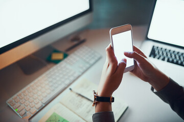 Poster - important texts to the boss. cropped shot of an unrecognizable woman using a cellphone in the office