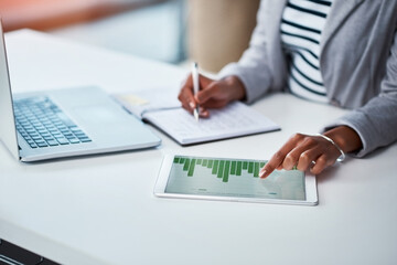 Poster - Making money work for her business. Shot of an unrecognizable businesswoman using a digital tablet with graphs on it in a modern office.