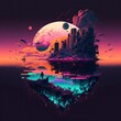 neon night city skyline, vintage vibe 1980, 70s, 90s, old futuristic view, purple and blue space, moon and planets horizon, summer sky, generative ai