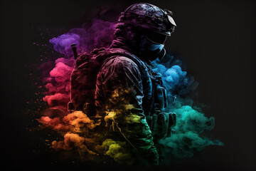 Wall Mural - A tactical suit, colorful paint and smoke bombs for a war game. Generative A