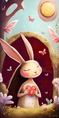 Canvas Print - A romantic illustration of a female rabbit, easter bunny, love, hope, happiness, butterflies, valentine, Generative AI