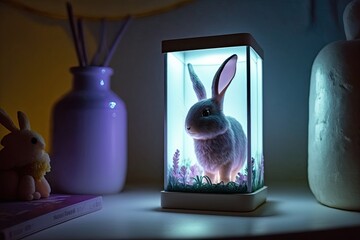 Canvas Print - An easter bunny lantern, pink, blue light, Generative AI 