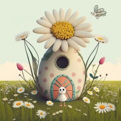 Wall Mural - Easter bunny in his magical house surrounded by flowers, Generative AI, easter bunny, chocolate, easter eggs, eggs, cute, landscape, easter wallpaper, wallpaper, generative ai, banner, cute, rabbit, 