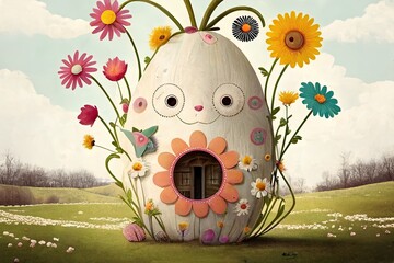 Sticker - Easter bunny in his magical house surrounded by flowers, Generative AI, easter bunny, chocolate, easter eggs, eggs, cute, landscape, easter wallpaper, wallpaper, generative ai, banner, cute, rabbit, 