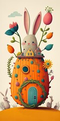 Wall Mural - a cute easter bunny, in his  tall unique easter carrot style house, very tall  surrounded by flowers and perched on a grassy hill, Generative AI