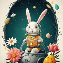 Sticker - an illustration for kids, easter bunny wearing a space suit, cosmic theme easter celebration for kids, vintage style, Generative AI