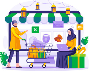 Wall Mural - Muslim people are shopping online through websites on a giant desktop. A woman sitting with her laptop and a man is holding a trolley. Ramadan Sale and Shopping concept illustration