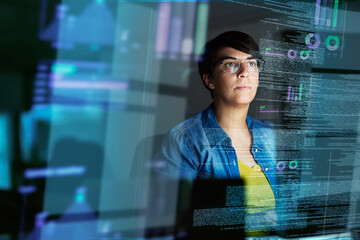 Poster - Making progress on her code. Cropped shot of a young computer programmer looking through data.