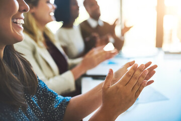 Sticker - Employee satisfaction is essential to the success of any business. Cropped shot of a group of businesspeople applauding a business presentation.