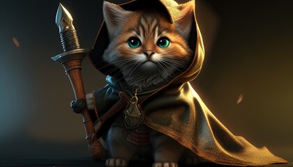 mischievous kitten rogue digital art illustration, Generative AI